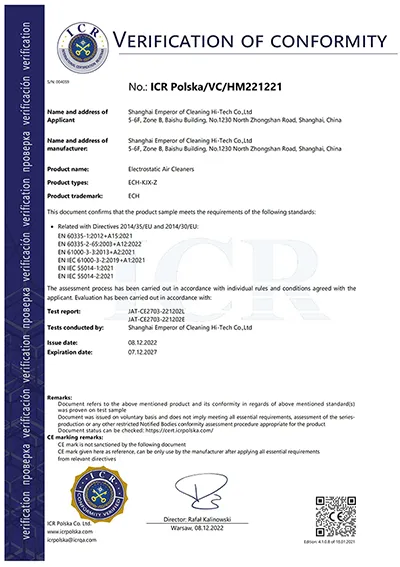 Certificación calificada para purificadores de aire electrostáticos